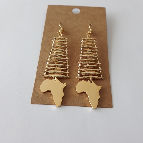 Unique Afrocentric Earrings, Africa charm, gold plated earrings, stainless steel, 2 1/2 inches, under 20, dangle earrings, can be clips