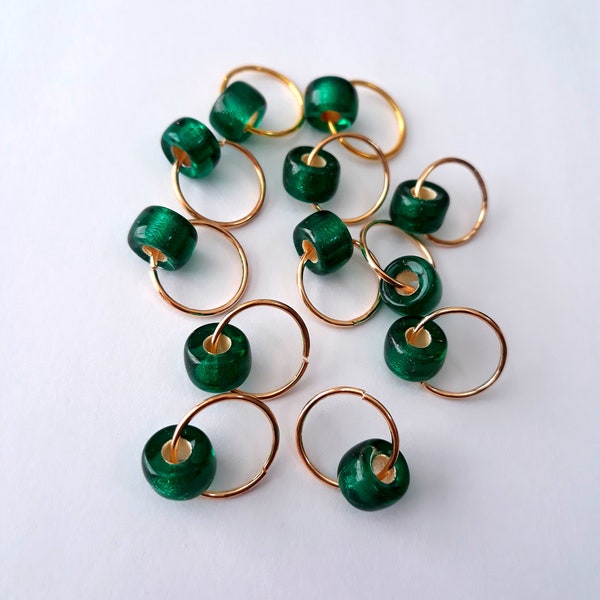 Twelve Piece Emerald Green Glass Loc Jewelry, braid beads, dreadlock beads, loc rings, hair beads, braid jewelry, under 20