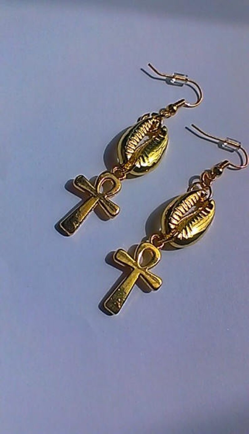 afrocentric elegant can be made clips teen,inexpensive gift women egyptian Gold Ankh and Cowrie Shell Earrings african jewelry