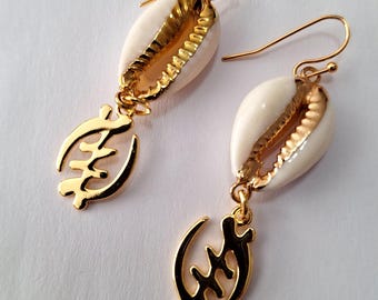 Adinkra Symbol Dangle Earrings, Gye Nyame earrings, African earrings, afrocentric jewelry, cowrie shells earrings, Ethnic jewelry