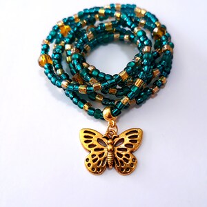 Teal Waist Beads with Brass Butterfly Charm, stretch, weight loss tracker, plus available, waist chain, belly beads, body jewelry