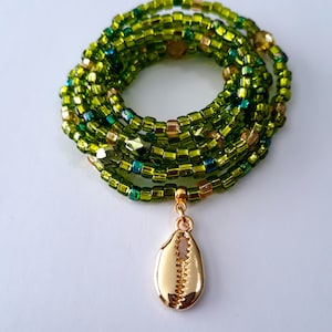 Lime Green Crystal Waist Beads with Gold Cowrie Shell, stretch, weight loss tracker, plus available, belly beads, waist chain, belly chain