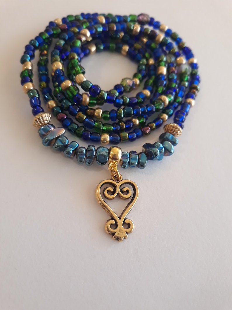 Adinkra symbol African Waist Beads with Gold /'Sankofa/' Charm unique gift weight loss tracker blue green and gold under 20 stretch
