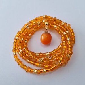 Orange and Gold Waist Beads with Carnelian Gemstone Drop, stretch, weight loss tracker, waist chain, belly beads, body jewelry, belly chain