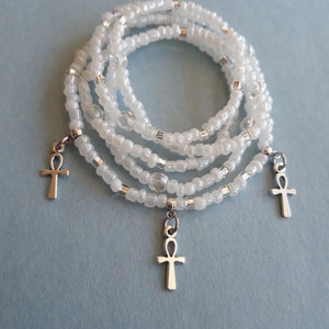 Cuentas de cintura triples 'Ankh', cuentas blancas para la cintura, elásticas, rastreador de pérdida de peso, regalo único, cuentas africanas para la cintura, cristales, menos de 20