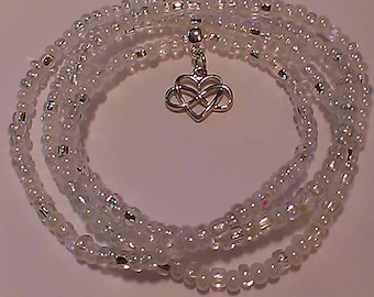 White and Silver Waist beads with &#39;Infinite Love&#39; Charm, belly beads, wrap bracelets, beaded anklets, gift for her, stretch, seed beads