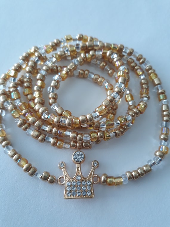 Gold Waist Beads With Rhinestone crown Charm Weight Loss