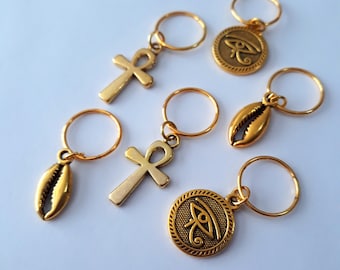 Egyptian Braid Jewelry Set, 6 pieces, loc rings, braid rings, dreadlock jewelry, hair jewelry, gold braid ring set, cowrie shell, ankh, eye