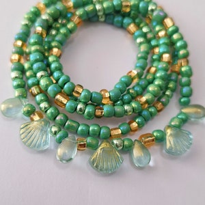 Fern Green and Gold Waist Beads with Clam and Teardrop Czech glass beads, stretch, waist chain, belly beads, body jewelry, body beads