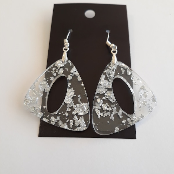 Clear and Silver Foil Flake Acrylic Earrings, acetate, lucite, geometric earrings, nickel free, light weight, unique earrings, inexpensive