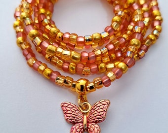 Cuentas de cintura malva y doradas con dije de mariposa, elásticas, cadena para cintura, cuentas para el vientre, cadena para el vientre, joyería para el cuerpo, cuentas para el cuerpo