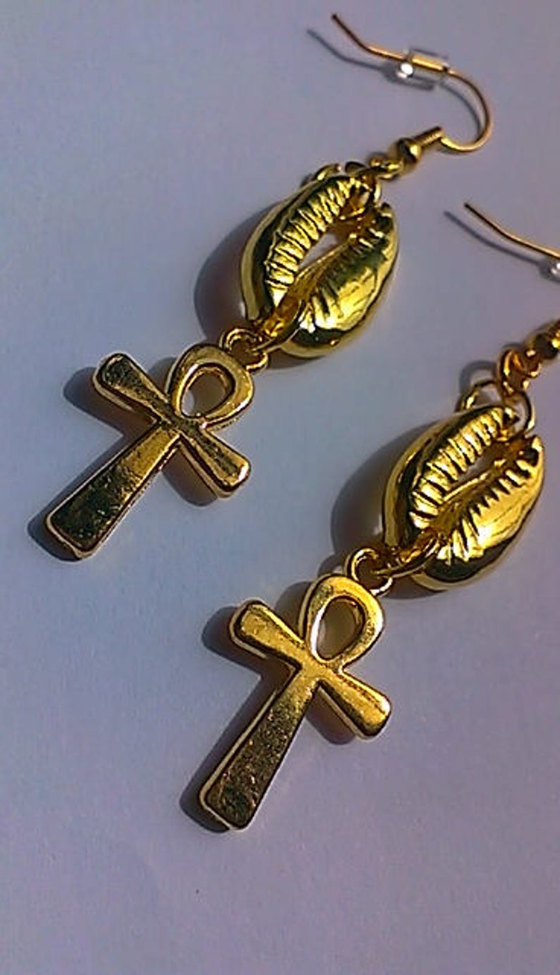 afrocentric elegant can be made clips teen,inexpensive gift women egyptian Gold Ankh and Cowrie Shell Earrings african jewelry