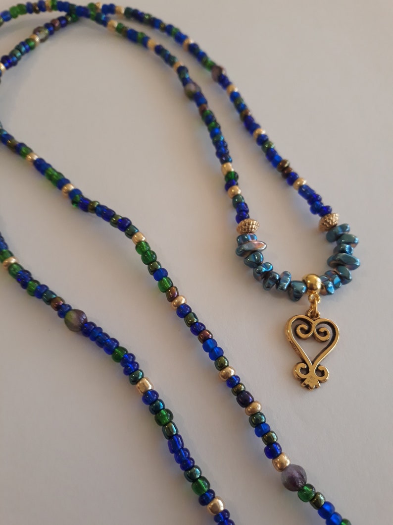Adinkra symbol African Waist Beads with Gold /'Sankofa/' Charm unique gift weight loss tracker blue green and gold under 20 stretch