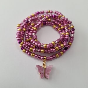 Magenta and Gold Waist Beads with Butterfly Charm, stretch, weight loss tracker, waist chain, belly beads, plus available, body jewelry