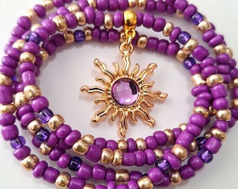 Purple and Gold Waist Beads with 'Sun' Charm, stretch, waist chain, body jewelry, belly beads, under 20, unique gift