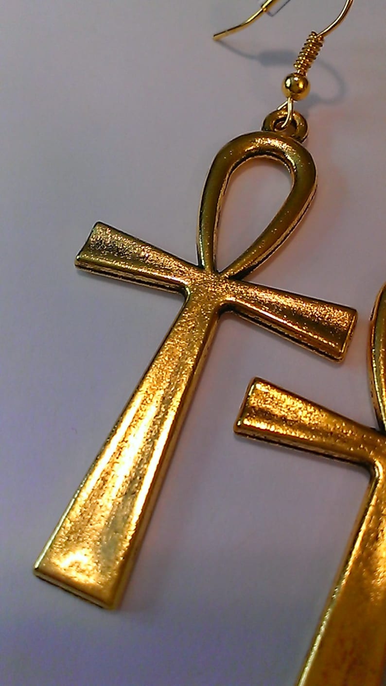 Large Gold 'Ankh' Earrings, dangle earrings, women's, 2 3/4 inches, Egyptian charms, African, ethnic earrings, gift for her, can be clips image 2