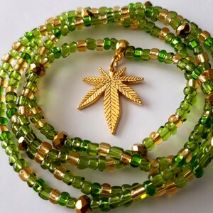 Green and Gold Glass Waist Beads with Gold &#39;Marijuana Leaf&#39; Charm, stretch, weight loss tracker, plus available, under 20