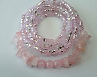 Rose Quartz Stretch Waist Beads, gemstone waist beads, crystals, weight loss tracker, pink waist beads, belly  chains, belly beads