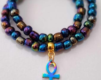 Electroplated Ankh Stretch Anklet, beaded anklet, body jewelry