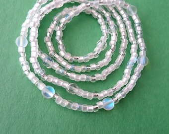 Moonstone Waist Beads with Frosted Crystals, stretch, gemstones, weight loss tracker, unique gift, belly beads, under 20, plus available