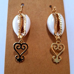 Adinkra Symbol Earrings, Sankofa earrings, afrocentric jewelry, African earrings, cowrie shell earrings, 2 inches long, Ethnic jewelry