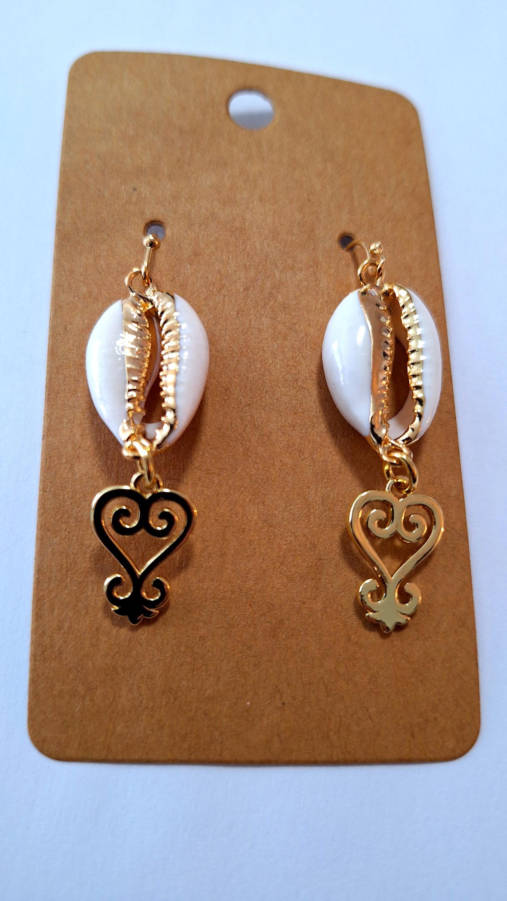 Adinkra Symbol Earrings, Sankofa earrings, afrocentric jewelry, African earrings, cowrie shell earrings, 2 inches long, Ethnic jewelry