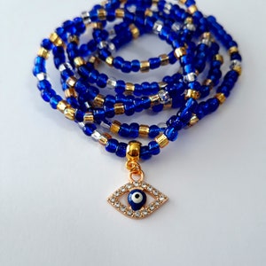 Crystal 'Evil Eye' Waist Beads, stretch, protection symbol, weight loss tracker, plus available, waist chains, belly beads, belly chain