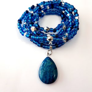 Blue and Silver Crystal Waist Beads with Blue Jasper Drop, stretch, gemstone waist bead, weight loss tracker, body jewelry, plus available