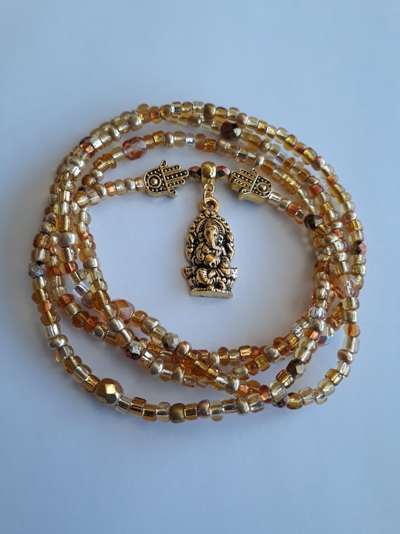 Gold and Copper Waist Beads with Gold 'Hamsa and Ganesha' Charms, protection beads, weight loss tracker, belly beads, spiritual gift