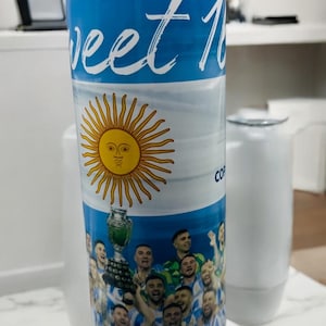 COPA America, Argentina, Messi water bottle, Personalized 20oz skinny or sports lid, made to order tumbler, soccer, sweet 16 win