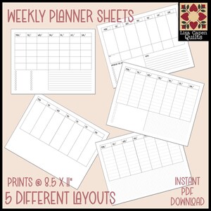 Puede incluir: Cinco diseños de planificadores semanales imprimibles diferentes en blanco y negro. Cada diseño mide 8,5 pulgadas por 11 pulgadas. El texto "Weekly Planner Sheets" está en la parte superior de la imagen. El texto "Prints @ 8.5 x 11" y "5 Different Layouts" está en la parte inferior de la imagen. El texto "Instant PDF Download" está en la esquina inferior derecha de la imagen.