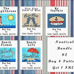 Nautical Beach Mug Rug Bundle - Buy 4 Patterns & Get 1 FREE - 11&quot; x 8.5&quot; Instant PDF 4 Page Patterns by Lisa Capen Quilts  - Includes SVG&#39;s