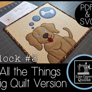 Może przedstawiać: Cyfrowy wzór do pobrania do bloku kołdry przedstawiający brązowego psa z niebieskimi oczami i kością w chmurce myślowej. Tekst "All the Things Block #3" znajduje się na dole obrazu.