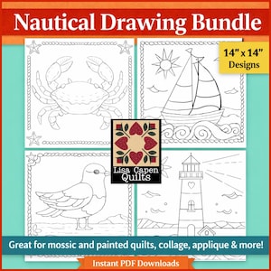 May include: A nautical drawing bundle featuring four designs: a crab, sailboat, seagull, and lighthouse. Each design is 14" x 14" and suitable for various crafts. The text reads "Nautical Drawing Bundle" and "Instant PDF Downloads."