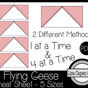 May include: A printable cheat sheet for making flying geese quilt blocks. The sheet shows two different methods for making the blocks, one at a time and four at a time. It also includes five different sizes of blocks. The text on the sheet reads "2 Different Methods 1 at a Time & 4 at a Time Flying Geese Cheat Sheet - 5 Sizes".