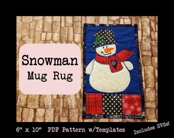 Snowman Applique Christmas Mug Rug Pattern Without Piecing!  6" x 10" - PDF Pattern w/Templates & SVGs Included by Lisa Capen Quilts