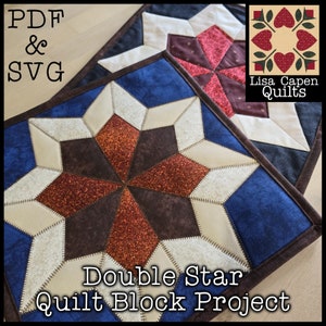 May include: Double Star Quilt Block Project PDF and SVG pattern featuring a quilt block with a star design in shades of brown, cream, and blue. The quilt block is surrounded by a dark blue border.