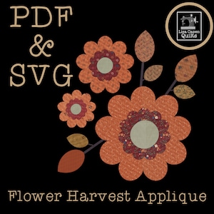 Könnte beinhalten: PDF- und SVG-Digital-Download-Muster für eine Blumen-Ernte-Applikation. Das Design zeigt drei orangefarbene Blumen mit braunen Zentren und grünen Blättern.