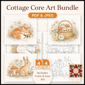 Pode incluir: Um pacote de arte digital intitulado "Cottage Core Art Bundle" com ilustrações em aquarela de uma raposa dormindo, uma cesta de cogumelos, um coelho e um gato dormindo. Inclui arte em cores e linhas nos formatos JPG e PDF.
