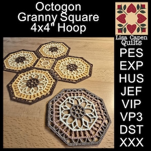 Puede incluir: Varios cuadrados de la abuela octogonales en tonos marrón, beige y crema. Los cuadrados están tejidos a ganchillo con un diseño floral en el centro. El texto de la imagen dice "Octogon Granny Square 4x4" Hoop".