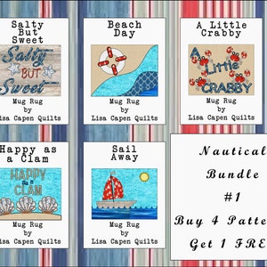 Nautical Beach Mug Rug Bundle - Buy 4 Patterns & Get 1 FREE - 11&quot; x 8.5&quot; Instant PDF 4 Page Patterns by Lisa Capen Quilts - Including SVG&#39;s