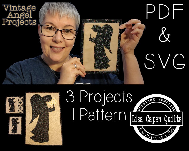 K&ouml;nnte beinhalten: Eine Frau h&auml;lt eine beige Stoffengel-Silhouette mit einem Blumenmuster hoch. Das Bild enth&auml;lt den Text "Vintage Angel Projects", "PDF & SVG", "3 Projects 1 Pattern" und "Creating Memories Lisa Capen Quilts One Stitch at a Time".