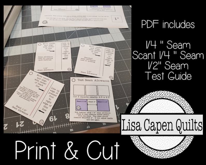 May include: A set of four printable cards with instructions for testing seam allowances. The cards include instructions for 1/4 inch, scant 1/4 inch, and 1/2 inch seam allowances. The cards are printed on white paper with black text and are ready to be cut out and used. The text on the cards reads "Test Seam Allowance", "Seam Allowance", "Scant 1/4" Seam Allowance", and "1/2" Seam Allowance".