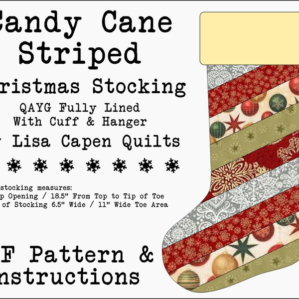 Candy Cane Striped Quilted Christmas Stocking Pattern - Foundation Piecing - QAYG - Instant Digital PDF Pattern - 7" x 18.5" by LCQ