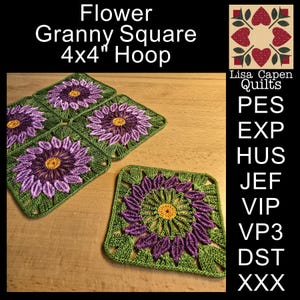 Può includere: Quadrati granny a fiori fatti a mano, ciascuno di circa 10x10 cm. I quadrati presentano un motivo floreale viola e giallo con foglie verdi. Il testo "Flower Granny Square 4x4" Hoop" è visibile.
