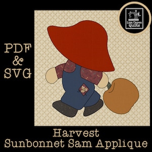 May include: Harvest Sunbonnet Sam Applique pattern in PDF and SVG format. The pattern features a red-hatted character carrying a pumpkin.