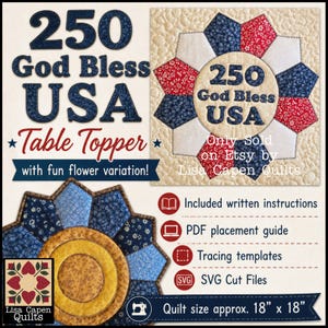 May include: A patriotic table topper with the text "250 God Bless USA" and "Table Topper". The design features a flower variation in red, white, and blue. The quilt size is approximately 18 inches by 18 inches.