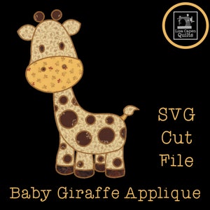 May include: A digital cut file for a baby giraffe applique. The giraffe is brown and yellow with a floral pattern on its head and neck and brown spots on its body. The file is for use with a cutting machine.