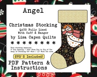 Könnte beinhalten: Ein druckbares PDF-Muster für einen Weihnachtsstrumpf mit einem Engelmotiv. Der Strumpf ist oben 17,8 cm breit und 47 cm lang. Das Muster enthält Anweisungen und SVG-Dateien.