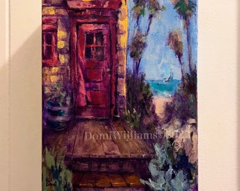 Original Painting Beach Bungalow Old Florida Acrylic on Canvas 10”x8”